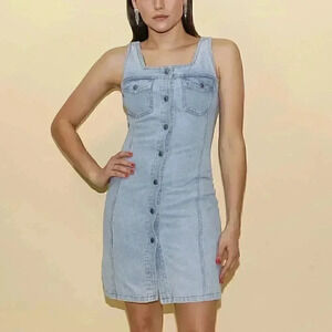 Vintage 90s Denim Tank Dress Small Summer Short Jean‎ Dress Button Down Dress